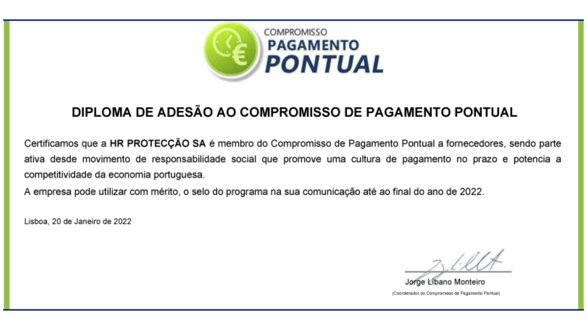 HR Protecção, S.A. – Compromisso de Pagamento Pontual